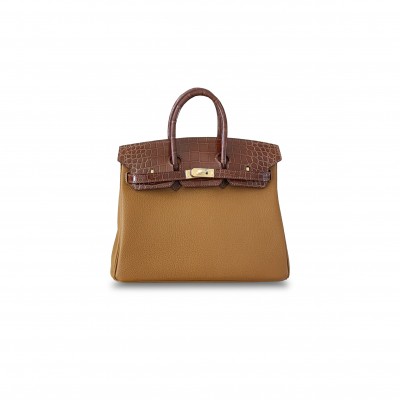 HERMÈS MASTER BIRKIN 25 CROCODILE AND TOGO LEATHER TOBACCO CAMEL GOLD BUCKLE H076216CK31 (25*20*13cm)
